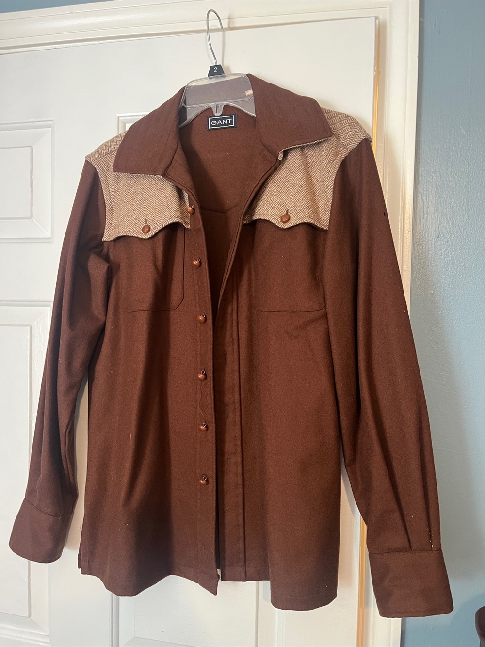 Gant Brown Shirt Jacket with Tan Herringbone Yoke